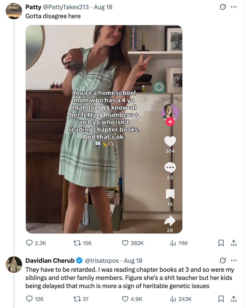 Beginning of Xitter thread: Patty @PattyTakes213: Gotta disagree here [image from TikTok of a 30ish woman flashing a peace sign in her home, with the overlaid text: 