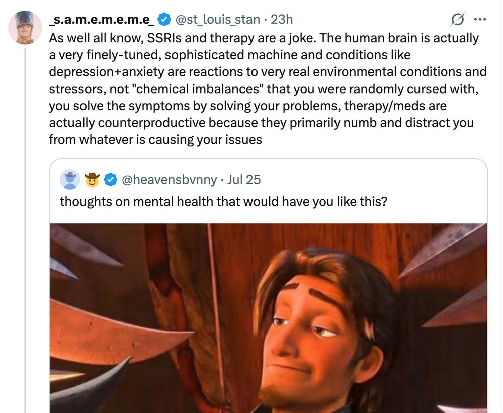 Screenshot of Xeet to which the Bad Medical Taker was replying _s.a.m.e.m.e.m.e_ @st_louis_stan: As well all know, SSRIs and therapy are a joke. The human brain is actually a very finely-tuned, sophisticated machine and conditions like depression+anxiety are reactions to very real environmental conditions and stressors, not 
