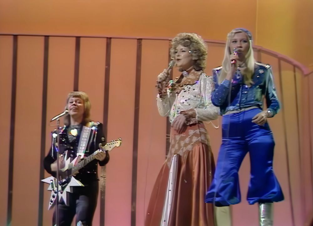three-fourths of ABBA performing “Waterloo” at the 1974 Eurovision Song Contest (sorry, Benny)