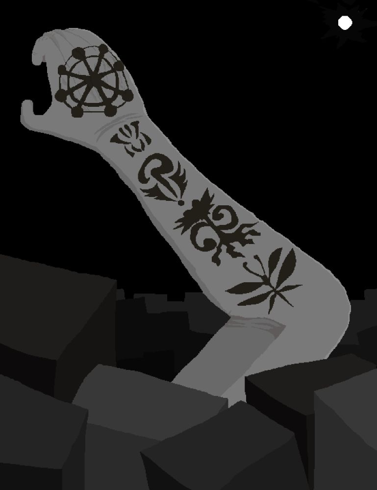 a bent arm covered in tattoos appearing from a sea of gray cubes