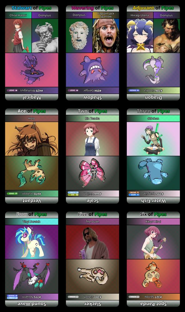 art sources:

Three of Pipes - Vinyl Scratch: https://www.deviantart.com/pixelyteskunk/art/Shake-n-778384840

Six of Pipes - Kikuri Hiroi: https://jp.yamaha.com/products/contents/guitars_basses/btr_collabo/index.html