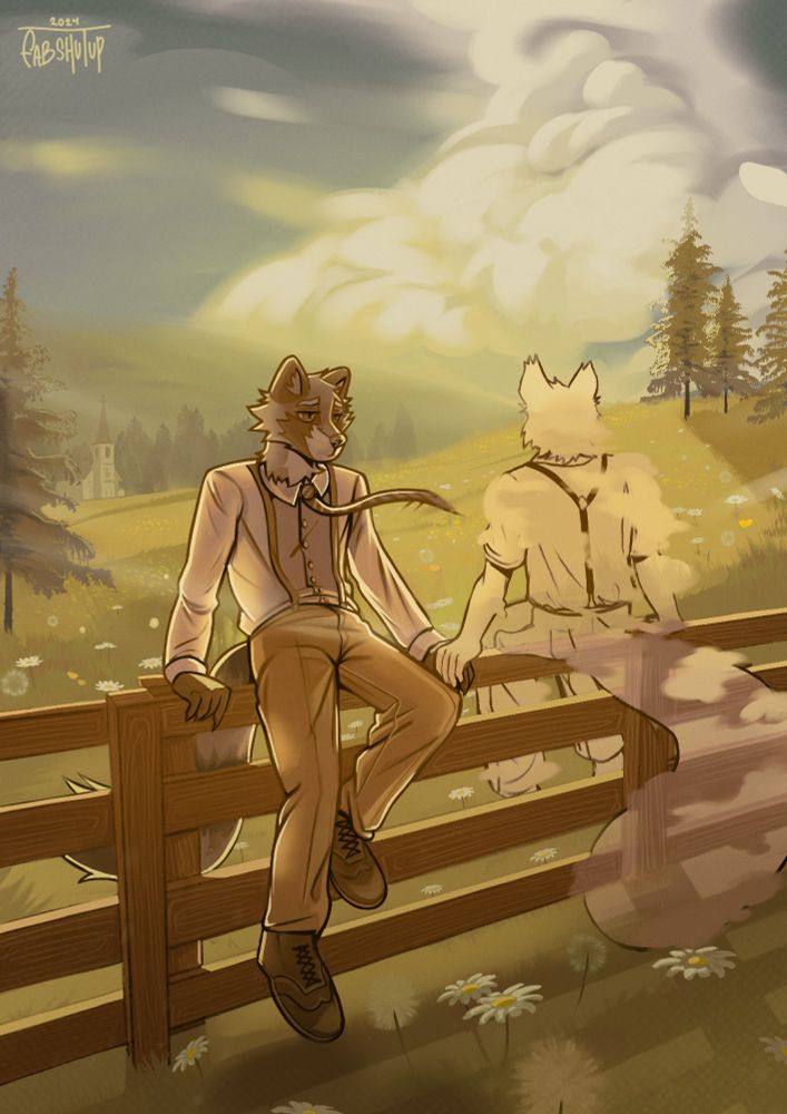 An anthro raccoon dressed in a white shirt, khakis fastened in suspenders, and donning brown shoes, sits on a fence in a meadow, his green striped tie fluttering in the breeze as he stares forlorn, reminiscing about an old childhood friend as his apparition sits on the same fence, facing the opposite direction, his hand atop of his. In the distance, a simple white church sits near a grove of trees. 