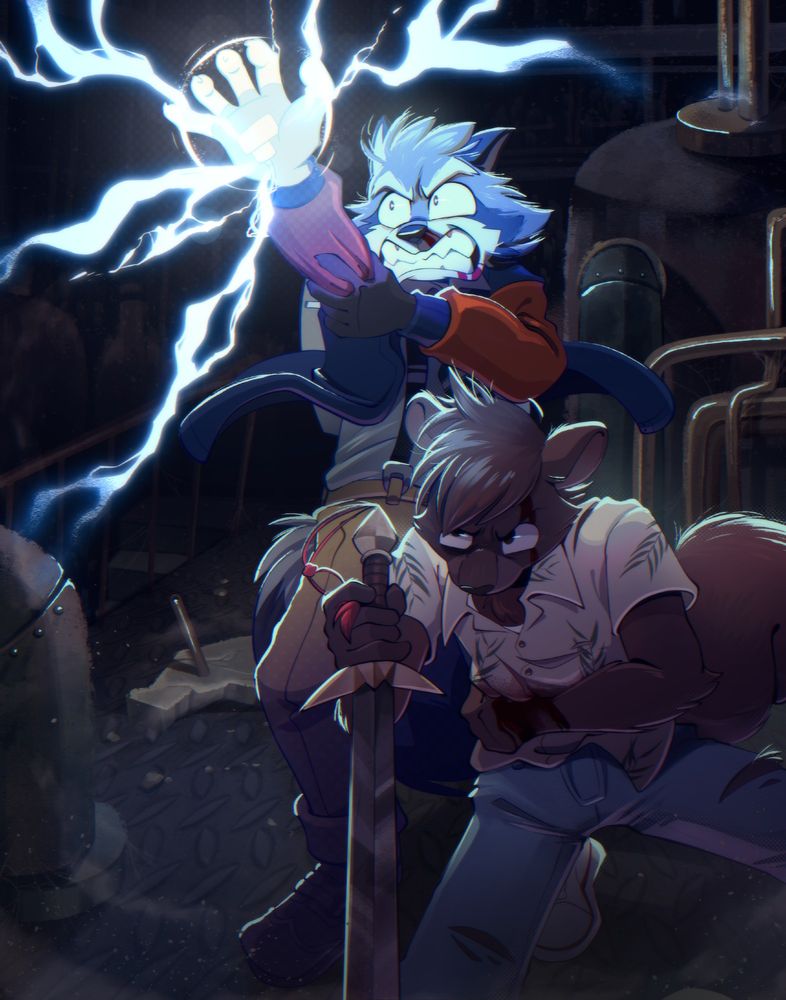 In an abandoned industrial ruin, a bloodied anthropomorphic raccoon clutches an outstretched hand wearing a fingerless glove with an apparatus on its palm as it discharges a strong blast of lightning. Next to him, a dark squirrel is on his knees, clutching his bloodied torso and trying to stay conscious, using his other hand to brace himself upright with his sword.