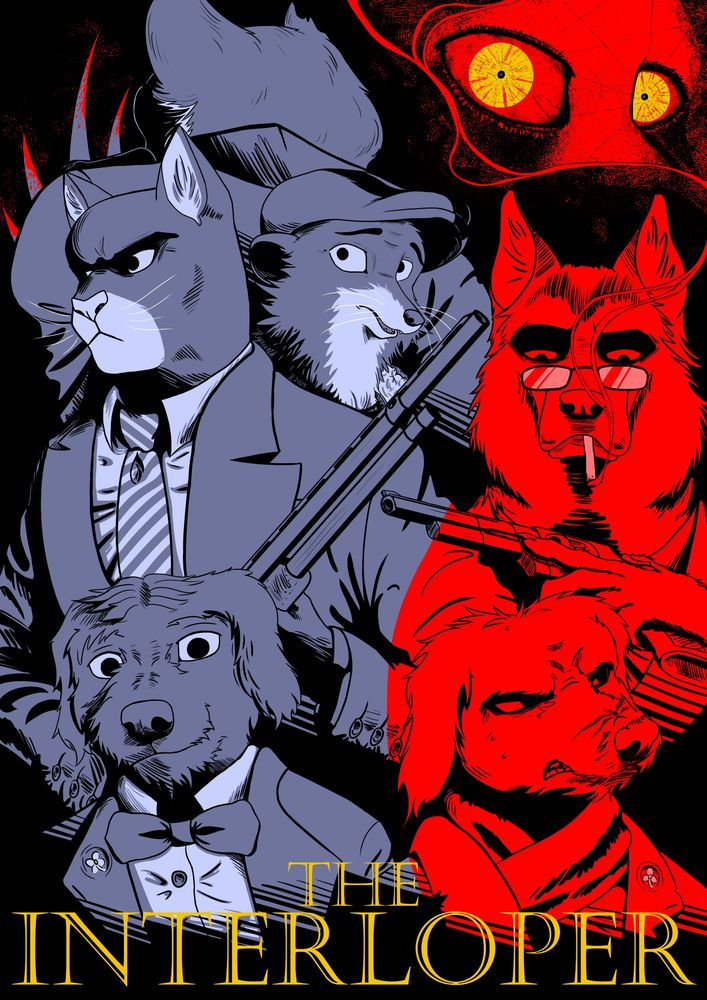 In a movie poster layout, a mangy-eared raccoon in a trenchcoat looms with his back facing the viewer, a set of bloodied claws peeking out of his right shoulder. In the foreground, John Blacksad stands vigilant as he grips a shotgun, Weekly looks out warily next to him, and Smirnov looks down on his pistol, pondering grimly as his cigarette smoulders upwards to a creepy visage of a golden-eyed figure (another raccoon?)

Below them all, a nicely-dressed terrier dog with a bowtie on the left smiles, a four-leaf clover affixed prominently on his lapel, while another terrier dog beside him bitter gnashes his teeth, eyes scowling outward, his coat lapel containing a three-leaf clover.