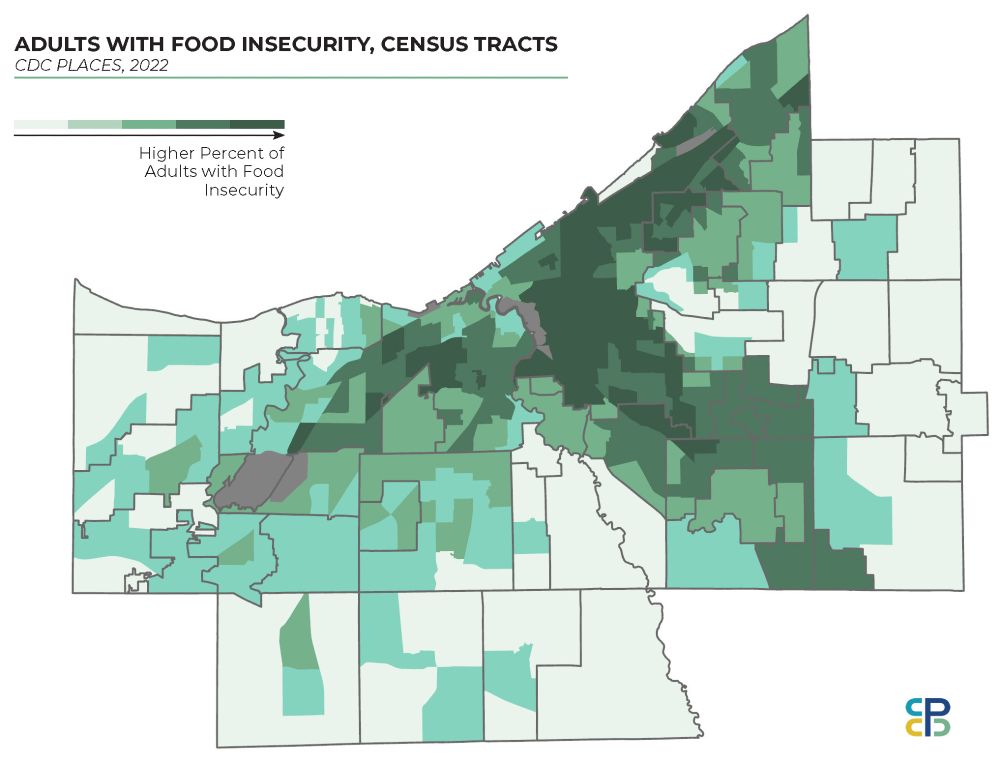 map of Cuyahoga County census tracts by percentage of adults with food insecurity