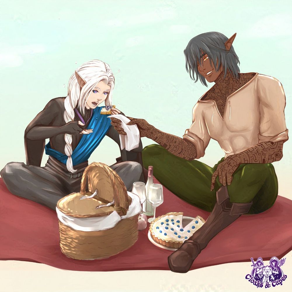A D&D character commission of two adventurers having a picnic. One is an elf woman with long white hair in a single braid, and the other an elf man with dark skin, tattoos on his arms, and he is feeding the woman a spoonful of food.
