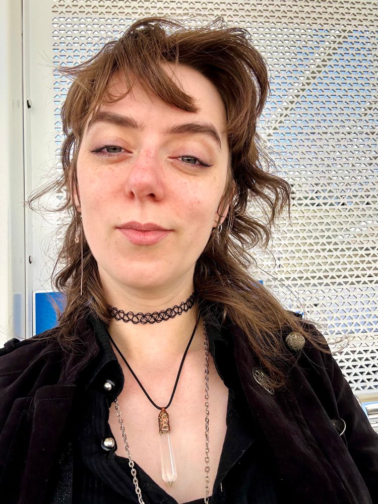 Selfie of indigodecay; medium brown hair in a mullet being buffeted gently by the wind, a small smile, wearing a black jacket and shirt with a choker and other necklaces dangling down. Standing in front of white grating with little patterns of triangles small enough to be covered completely by fingertips, bot large enough to poke through; the triangles are alternating between facing up and down in back-to-back lines. Through the grating in the background, a sunny blue sky is just barely visible.