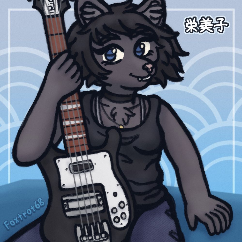 An illustration of Emiko, a cat girl with spiky black hair and six fingers. She's holding a rickenbacker bass guitar between her legs and smiling. To the right of her head are kanji for her name, and the background has an overlapping circle pattern, a rectangle framing the upper half of the picture and a darker blue area where she's sitting on. on the bottom left is our watermark.