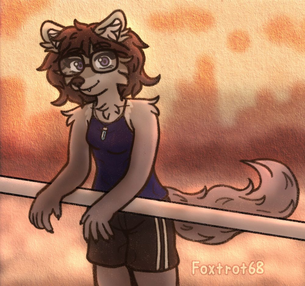 An illustration of Ashley, gray wolf. She's leaning over a railing slightly with her arms resting on it. She's being lit from behind by a vibrant sunset basking over the abstract cityscape behind her. She's wearing black striped shorts, a dark blue tank top and her usual necklace and glasses. our watermark is on the bottom right just under her tail.