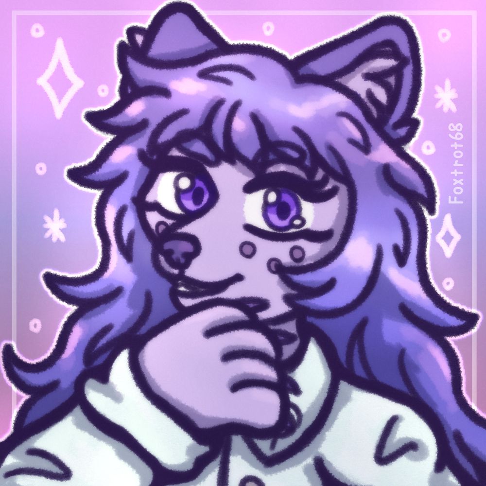 A bust of Phi, a purple cat with purple hair, they have one paw raised close to their face and are smiling showing some teeth. Phi is wearing a labcoat. The background has some glowy sparkles and a box framing the picture, our watermark is on the right semi visible. 