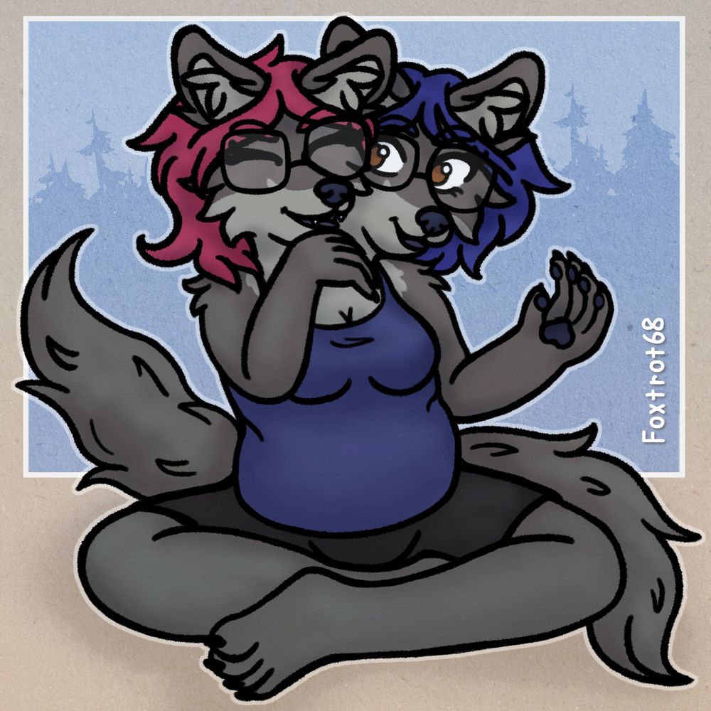 A sketch of Rose and Riley, conjoined wolves. Rose is laughing with her eyes closed and hand close to her chin, Riley seems to be speaking and has her hand raised up, like she's telling a joke. They're both wearing a blue tank top and black shorts, their own tails are visible on each side. The background has a blue rectangle framing them with a line of trees, over a paper texture. our watermark is on the bottom right corner of the square vertically. 