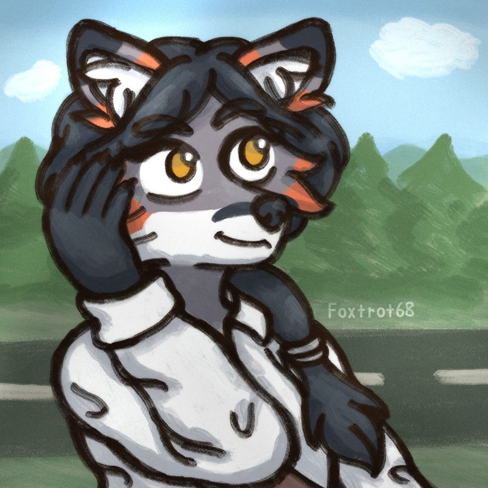 A sketch of Tansy, a fox taur adjusting its hair while looking upwards and off into the distance. Tansy is wearing its hair in a pony tail over the shoulder and a white button up shirt. the background has a road and a simple pine forest, in the distance are some hills and there's two clouds in the sky. our watermark is visible just under the trees on the right of Tansy.