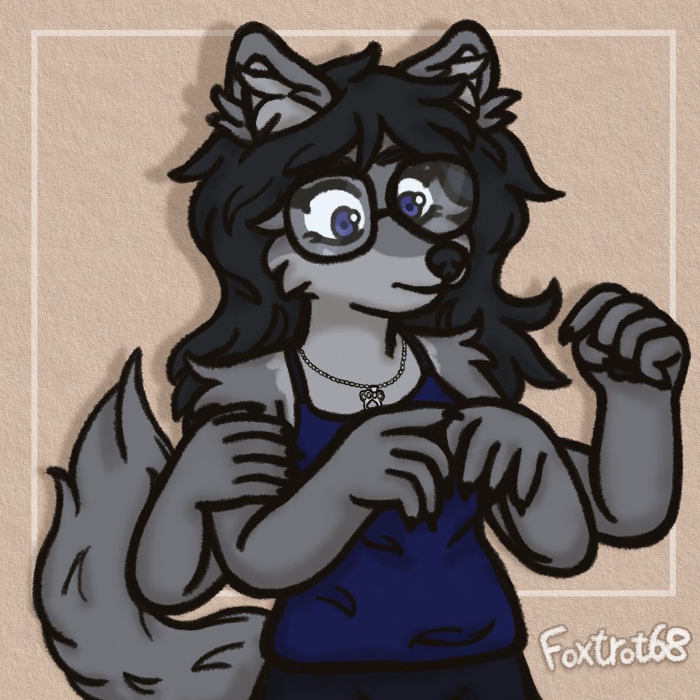 A sketch of Ashley, a wolf girl with four arms, two of her hands raised close to her chest and fiddling with one another, one holding onto the upper arm and the other raised a little higher, hand closed and half pointing at nothing. She seems to not be focused on anything, and she's wearing a blue tank top, dark blue pants, a silver paw shaped necklace and her glasses. the background has a white box and our watermark handwritten on the bottom right.