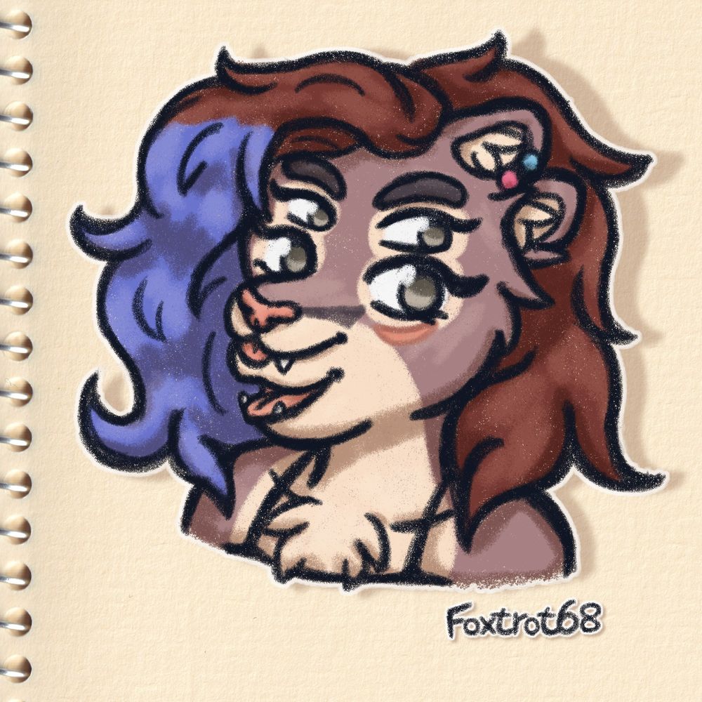 A bust sketch of kat, a puma with many extra features, four eyes, two muzzles and four ears, although only two are visible. Shi has hir tongue out the top mouth and the lower one is open with a smile, hir top eyes are narrowed slightly while hir bottom eyes are more open. The background is a sketchbook page with the binder visible on the left. our watermark is handwritten on the bottom right of Kat