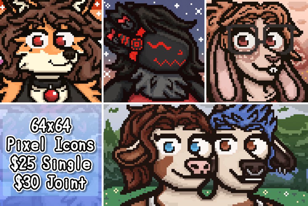A collage of several pixel art icons we have done, the text info box on the bottom left reads "64x64 pixel icons, $25 single and $30 joint."