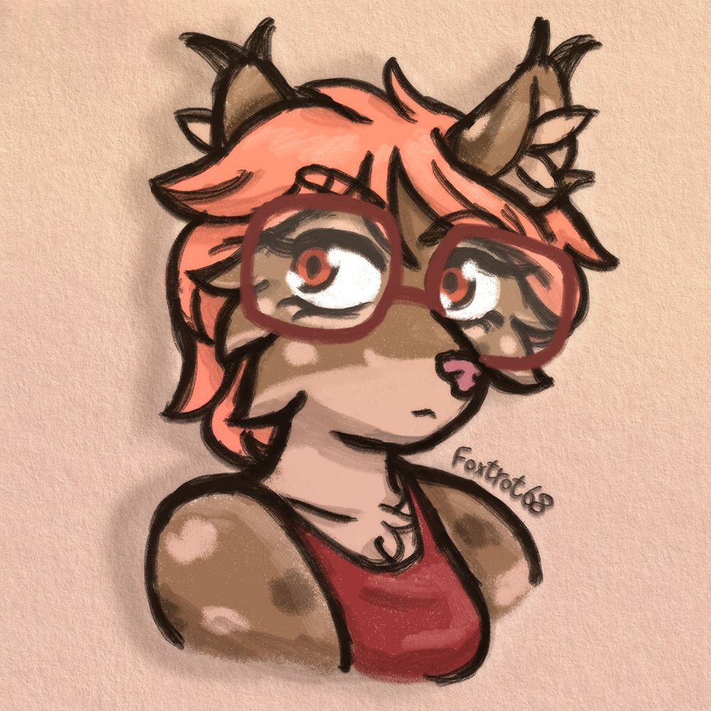 A bust of Jade, a lynx with orange hair. She's looking up and to the left with a tired expression, perhaps questioning. They have red glasses and a red tank top. our watermark is handwritten next to their right shoulder. the background has a paper texture, Jade's casting a small shadow over it.