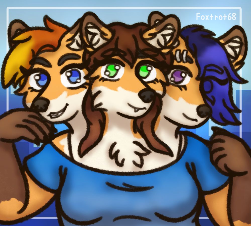 An illustration of April, May and June, a trio of foxes sharing a body. April has her hand touching her cheek and is smiling energetically, May is smiling more softly with one tooth showing, and June has her hand raised close to her and is smiling too. The foxes are wearing a wide blue shirt, and the background has a box framing the trio, with an abstract cityscape behind them. our watermark is on the top right corner of the box in the sky.