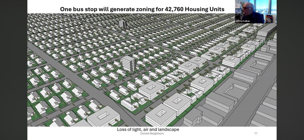 A visualization from the video showing a few apartments in a neighborhood of mostly single family detached houses. 