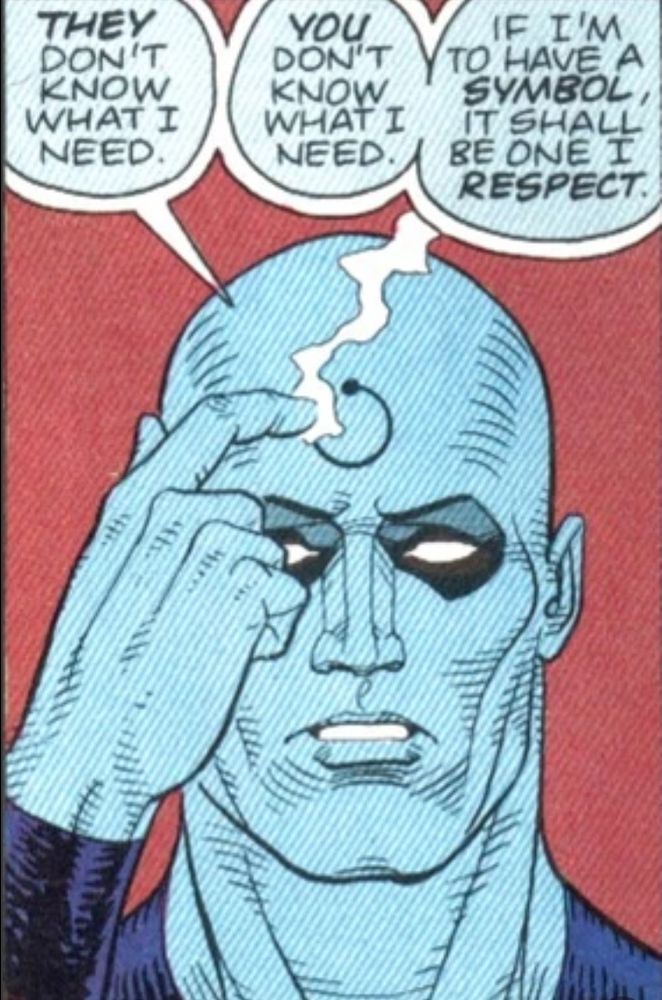 The scene in the watchman comic where dr Manhattan brands a hydrogen atom into his forehead. 