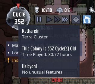 Screenshot of the oxygen not included screen, cropped to focus on playtime data. I've been at this for 30.77 hours!