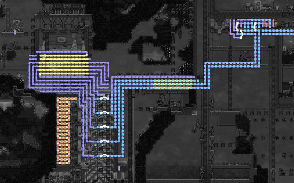 Screenshot of my colony. Lots of wiggly piping going on.