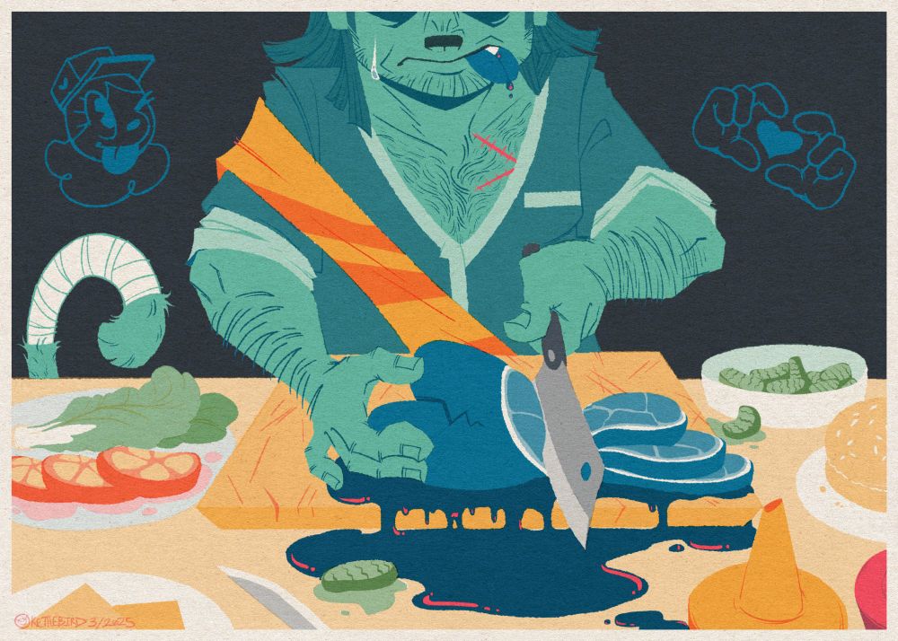 Capochin from the game great god grove, slicing up a cartoon heart. He is surrounded by burger ingredients.