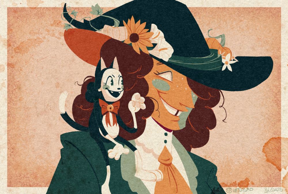 Illustration of Thespius Green and Click Clack from Great God Grove, dressed as a witch and a cat