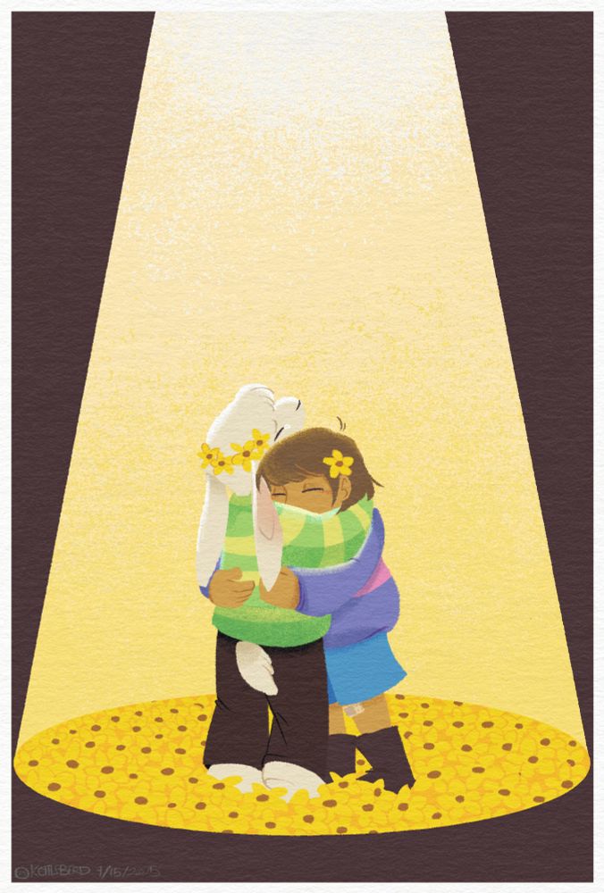 illustration of Frisk and Asriel from Undertale, hugging on a field of yellow flowers.