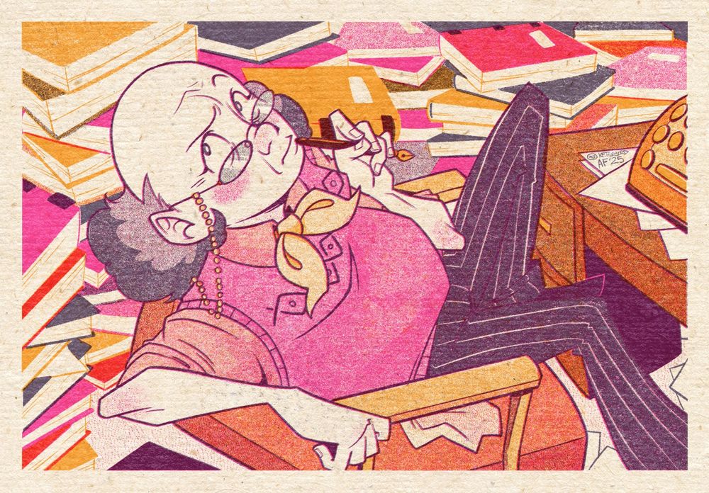 Illustration of Clarence Clerical, a middle aged person, leaning back in their seat at their desk. Around them, piles books are precariously stacked