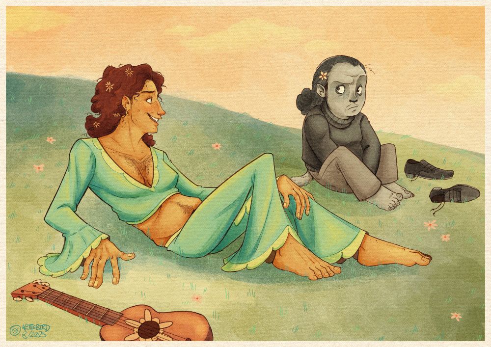 Illustration of Thespius Green and Click Clack, depicted as mortals, sitting on a hill in the golden hour of evening 