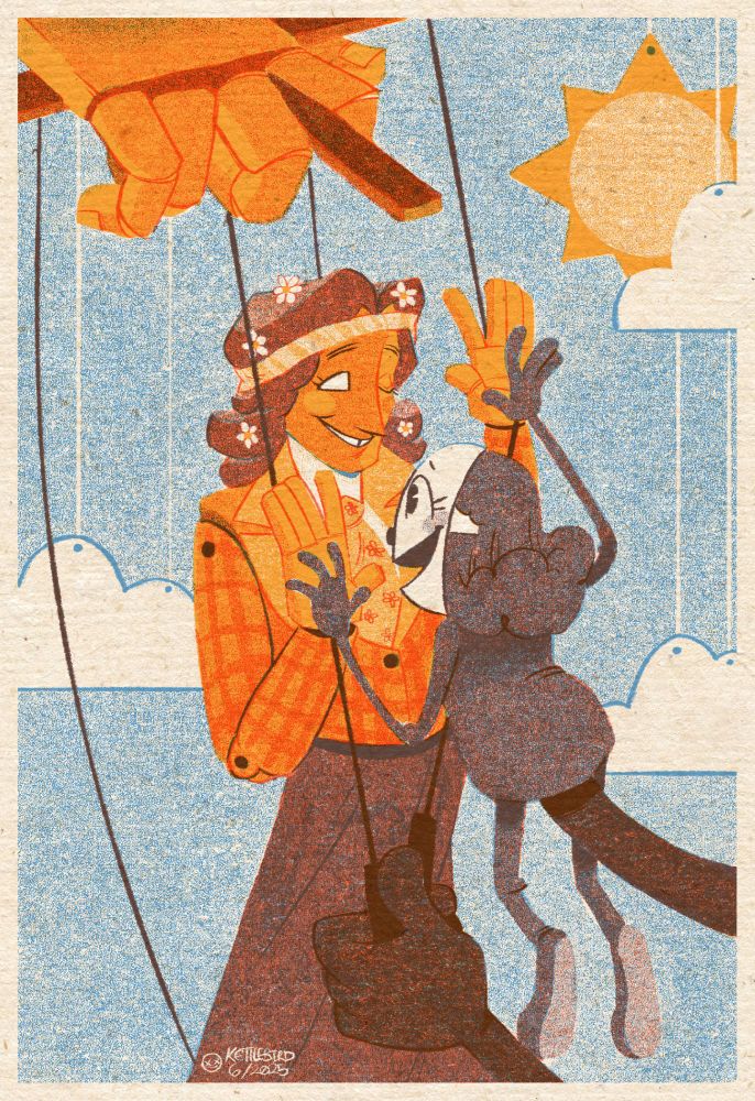 Illustration of Thespius Green and Click Clack from the game Great God Grove, depicted as a marionette and a muppet respectively 