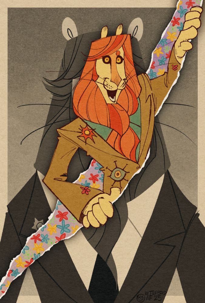 Illustration of August, an anthropomorphic lion, bursting out of a portrait of himself 