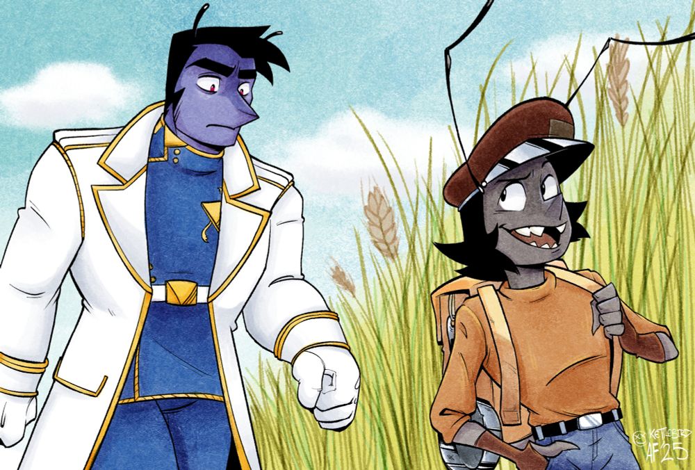 Illustration of Ben and Andy, an anthropomorphic rhinoceros beetle and ant, walking through tall grass.