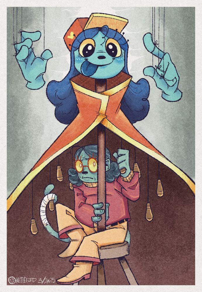 An illustration of Hector from the game Great God Grove. He sits beneath a puppet of Inspekta, whom he is controlling.