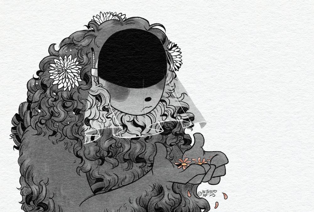 illustration of Click Clack from Great God Grove, dressed in a mourner's veil and gently holding several crushed flowers.