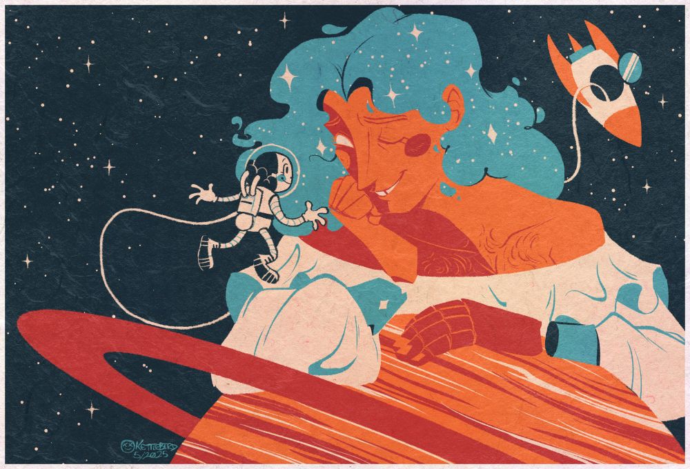 Illustration of Click Clack and Thespius Green from Great God Grove. Thespius leans on the planet Saturn and looks down at Click Clack, who is dressed in a space suit and tethered to a space ship