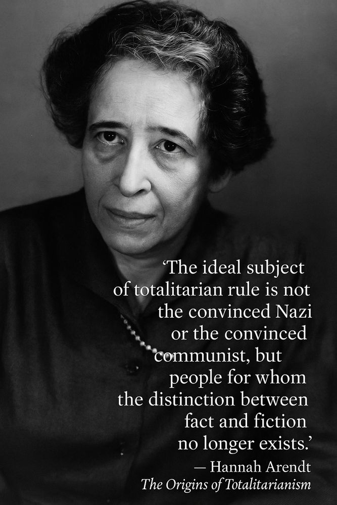"The ideal subject of totalitarian rule is not the convinced Nazi or the convinced communist, but people for whom the distinction between fact and fiction no longer exists."
— Hannah Arendt, The Origins of Totalitarianism
