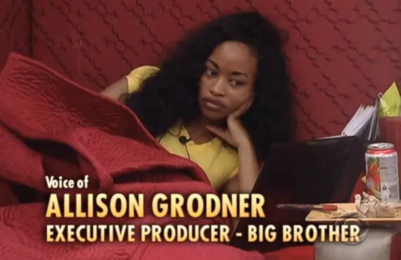 BB11 Chima lying down with text overlay: "Voice of Allison Grodner / Executive Producer - Big Brother"