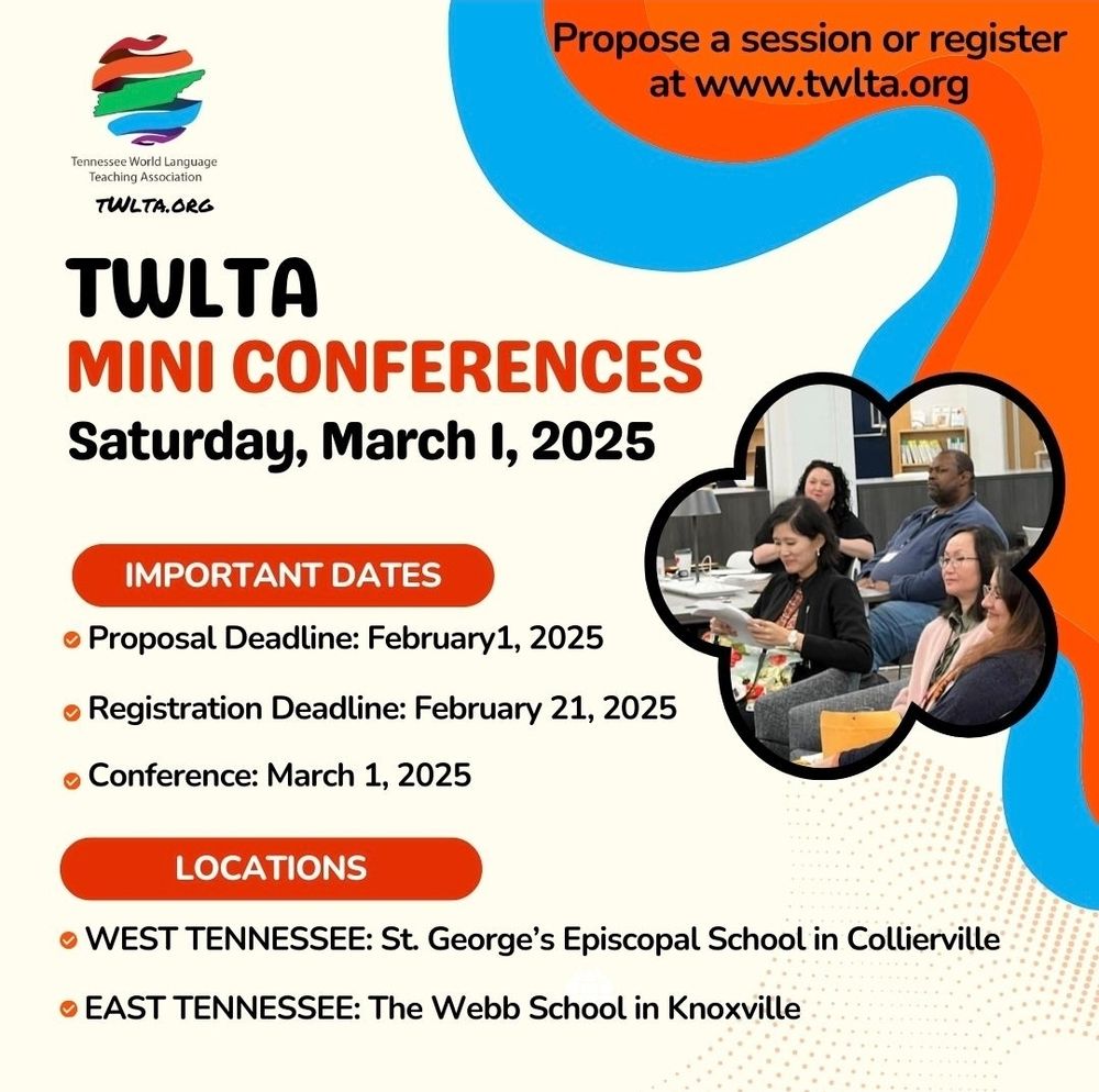 Image promoting TWLTA Mini Conferences Saturday, March 1, 2025. Registration deadline: February 21, 2025
West Tennessee: St. George's Episcopal School in Collierville
East Tennessee: The Webb School in Knoxville
