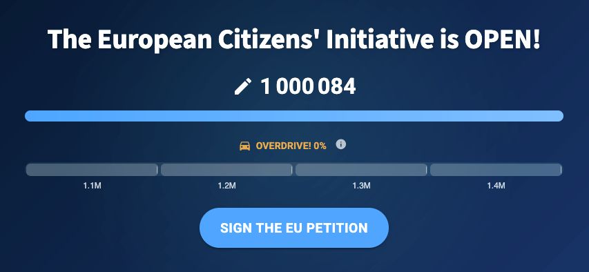 Screen capture of the Stop Killing Games European citizen initiative signature counter having reached 1 million (100% of the goal). The Screen capture also shows additional goals of 1.1, 1.2, 1.3 and 1.4 million signatures to account for invalid ones.