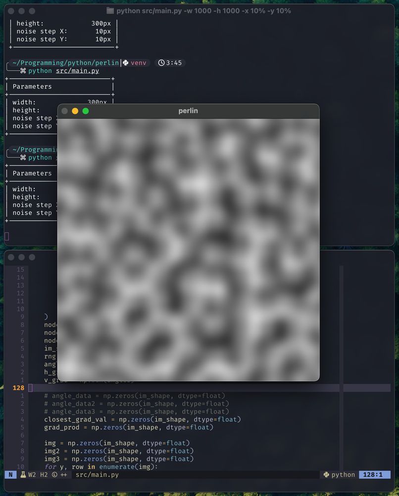 A screenshot of a desktop. In the middle, a square window displaying black and white perlin noise, a type of random noise used in texture generation. In the background, a window displaying a command prompt and parameter values of the perlin noise. At the bottom, another window displaying a code editor.
