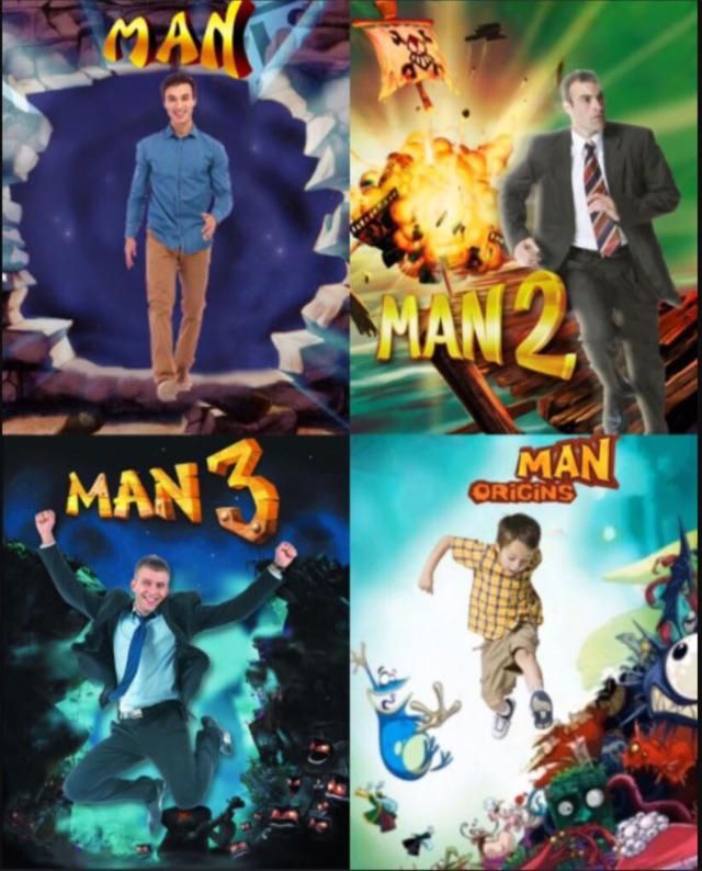 Edited game jackets of Rayman, Rayman 2, Rayman 3 and Rayman Origins where Rayman, the protagonist, is replaced by stock images of white men of average appearance, in casual or corporate clothing. On the jacket of Rayman Origins, the stock image is of a young boy instead.  On each jacket, the title is truncated, reading "man", "man 2", "man 3" and "man Origins".