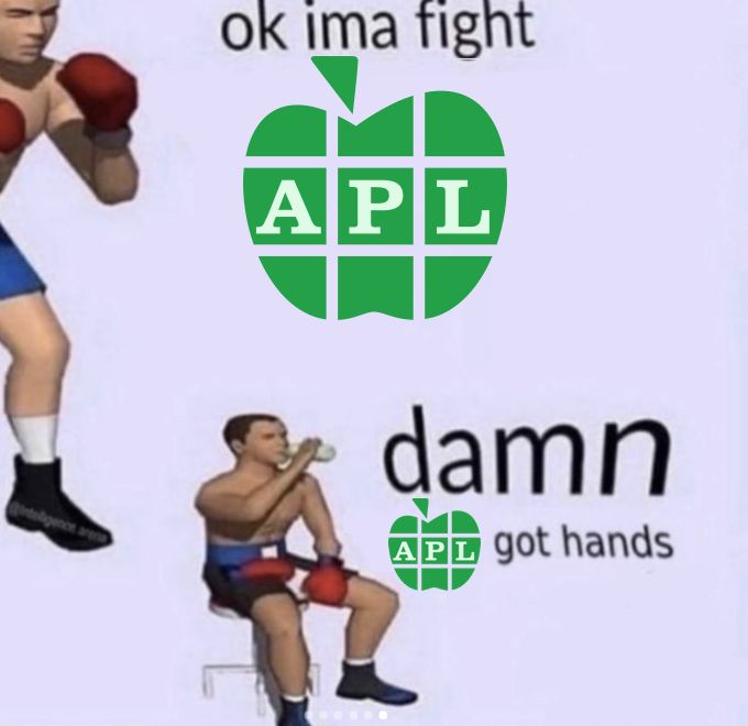 A meme in two parts:
First, a boxer in combat stance says "ok ima fight APL".
Then, sitting on a stool, the same boxer says "damn, APL got hands".