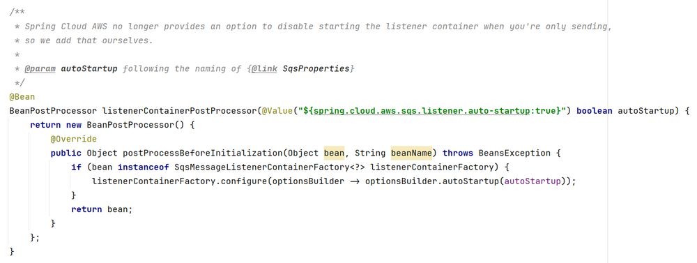 Spring BPP that configures the auto-startup of an SQS listener container