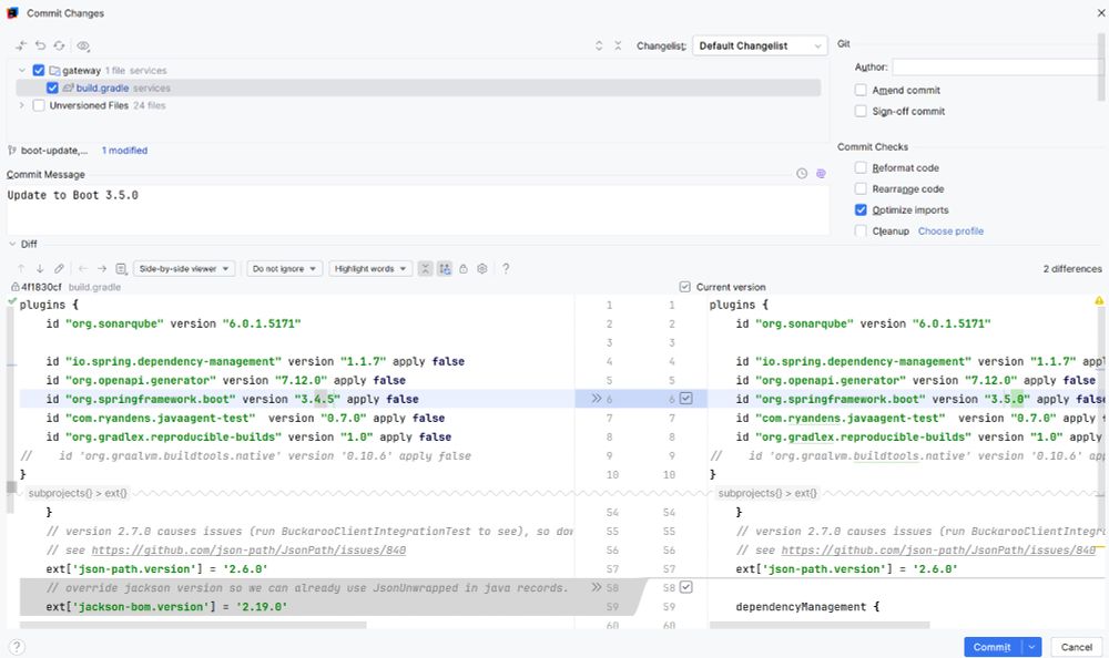 Commit showing update to Spring Boot 3.5.0