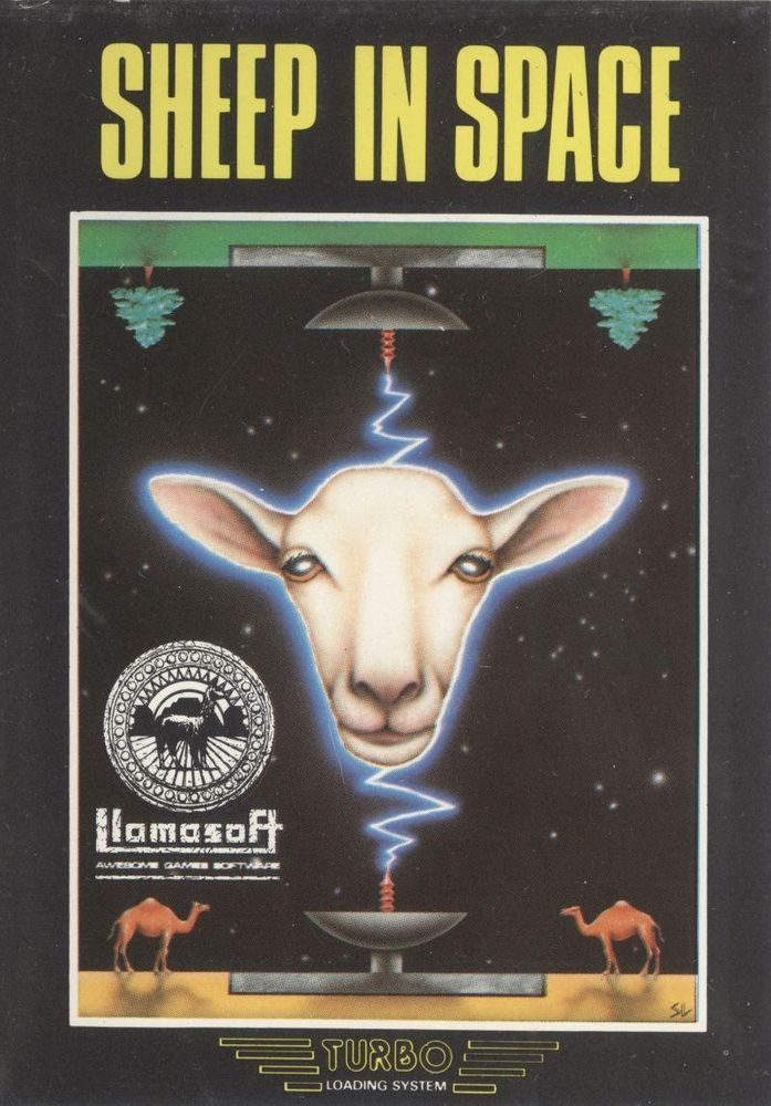 Cassette cover of my Sheep In Space Commodore 64 game. A floating sheep's head between two zappy radar dishes on opposing planet surfaces, with green grass and trees (upside down) at the top, and brown sand with camels at the bottom.