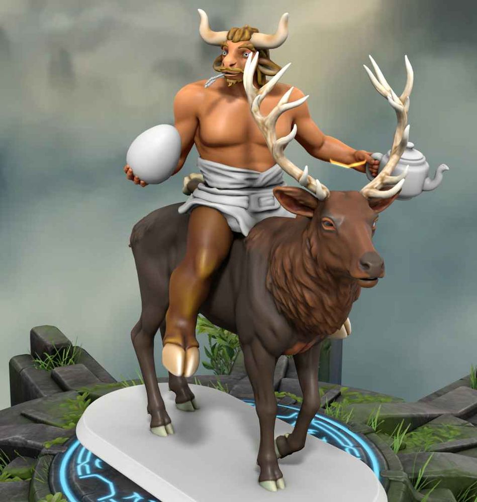 Figurine of a minotaur riding a stag. He has a big egg in one hand and a teapot in the other.