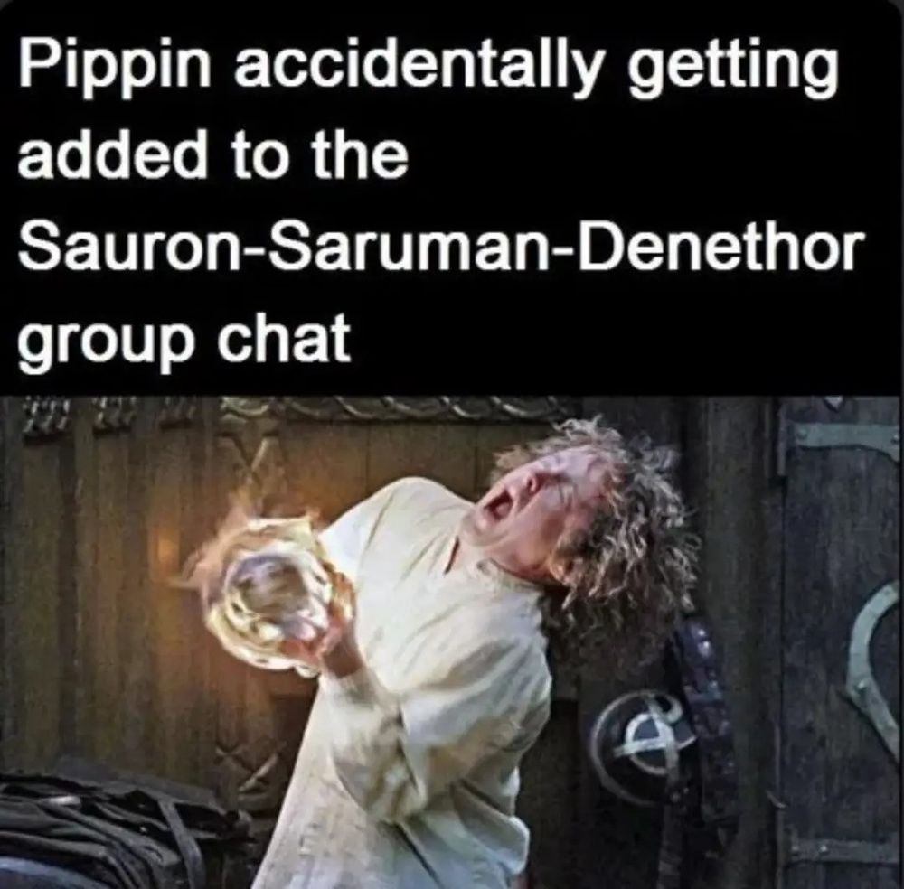 Scene from Lord of the Rings. Pippin is holding the Palantir. The text says "Pippin acccidentally getting added to the Sauron-Saruman-Denethor group chat"