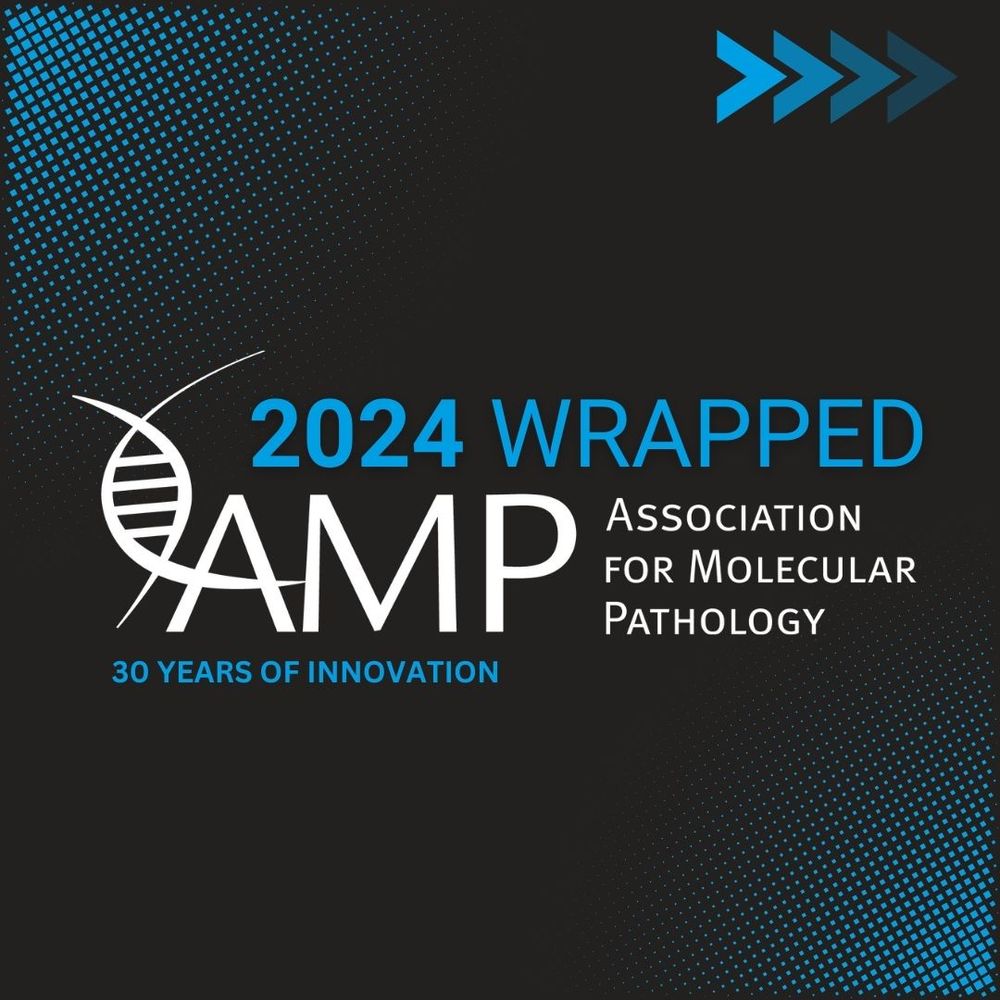 Graphic has a black background with blue dots in the corners. It includes the Association for Molecular Pathology logo in the center and the words "2024 wrapped: 30 years of innovation."
