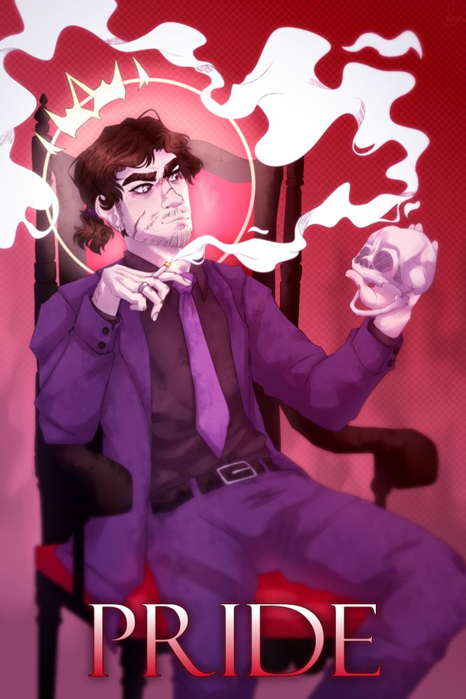 A man in a purple suit is sitting on a throne. He's smoking and holding a kid's skull with open lower jaw. The word in the bottom describes his main sin — pride.
